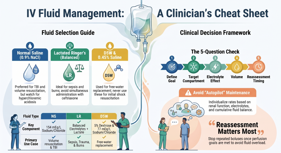 IV Fluid Management: A Clinician's Cheat Sheet. Fluid selection guide comparing Normal Saline, Lactated Ringer's, and D5W with key components and primary use cases, plus a clinical decision framework: the 5-question check (define goal, target compartment, electrolyte effect, volume, reassessment timing), a warning to avoid autopilot maintenance, and the reminder that reassessment matters most.